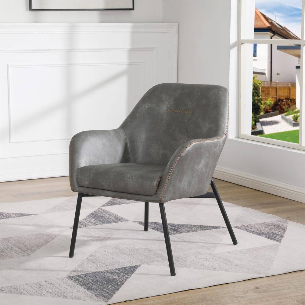 Brooks Accent Chair in Grey Faux Leather with Gold Stitch and Black Legs