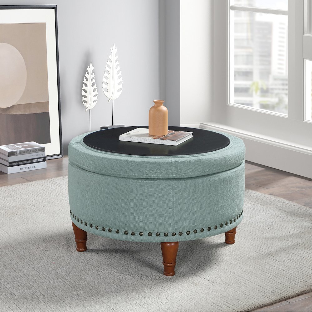 Alloway Storage Ottoman in Sea Blue Fabric with Antique Bronze Nailheads