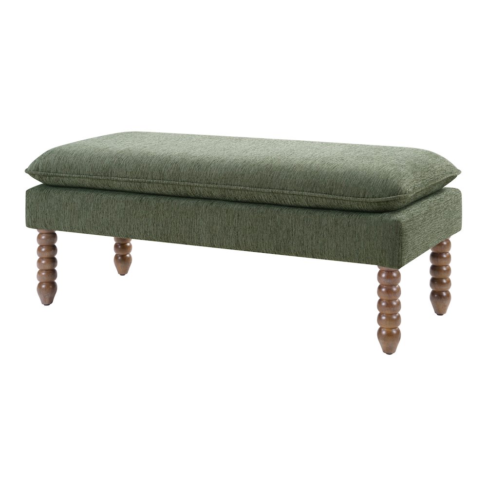 Selina Pillow Top Bench in Pine Fabric With Rustic Brown Finish Spindle Legs