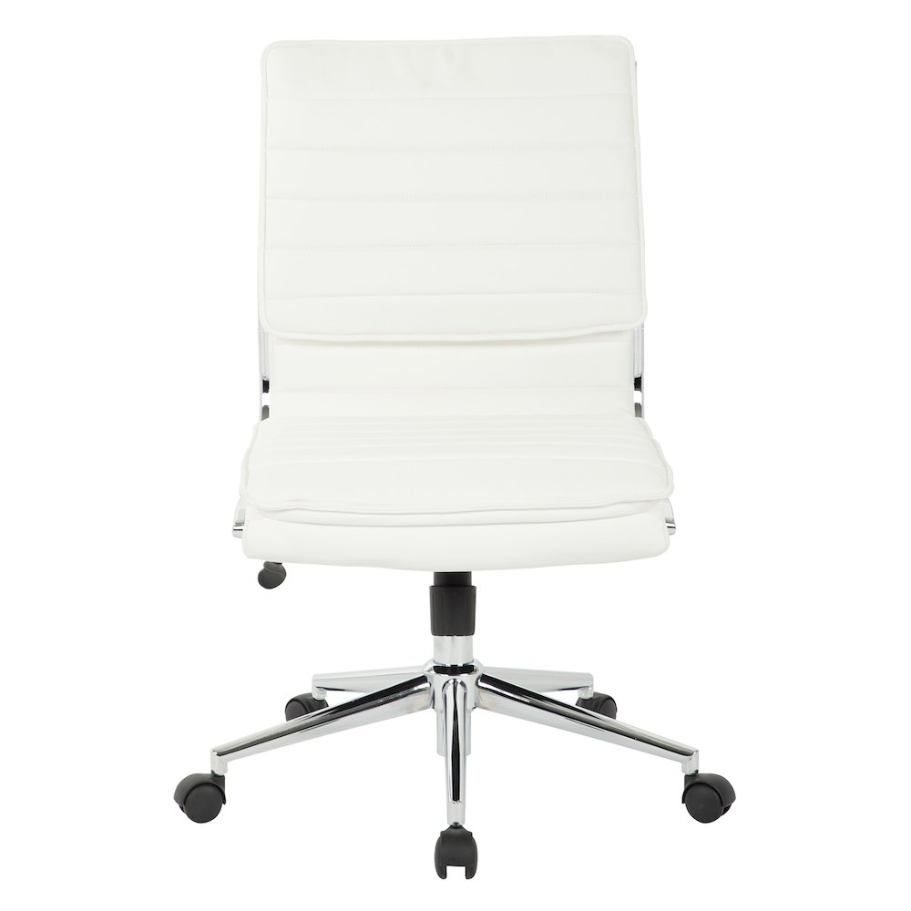 Armless Mid Back Manager’s Faux Leather Chair in White with Chrome Base.