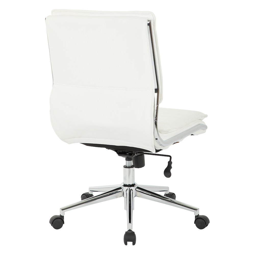 Armless Mid Back Manager’s Faux Leather Chair in White with Chrome Base.