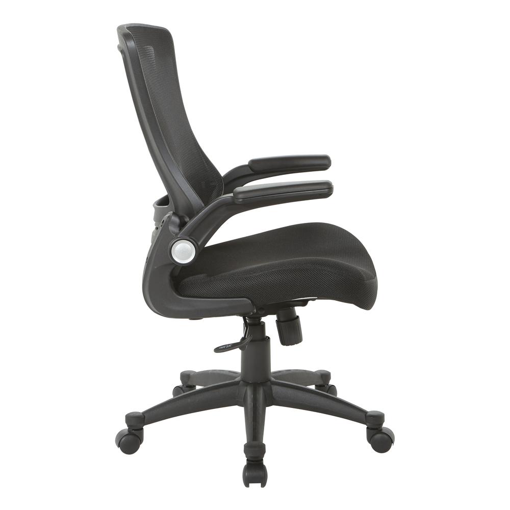 Screen Back Manager’s Chair in Black Mesh Seat with PU Padded Flip Arms with Silver Accents