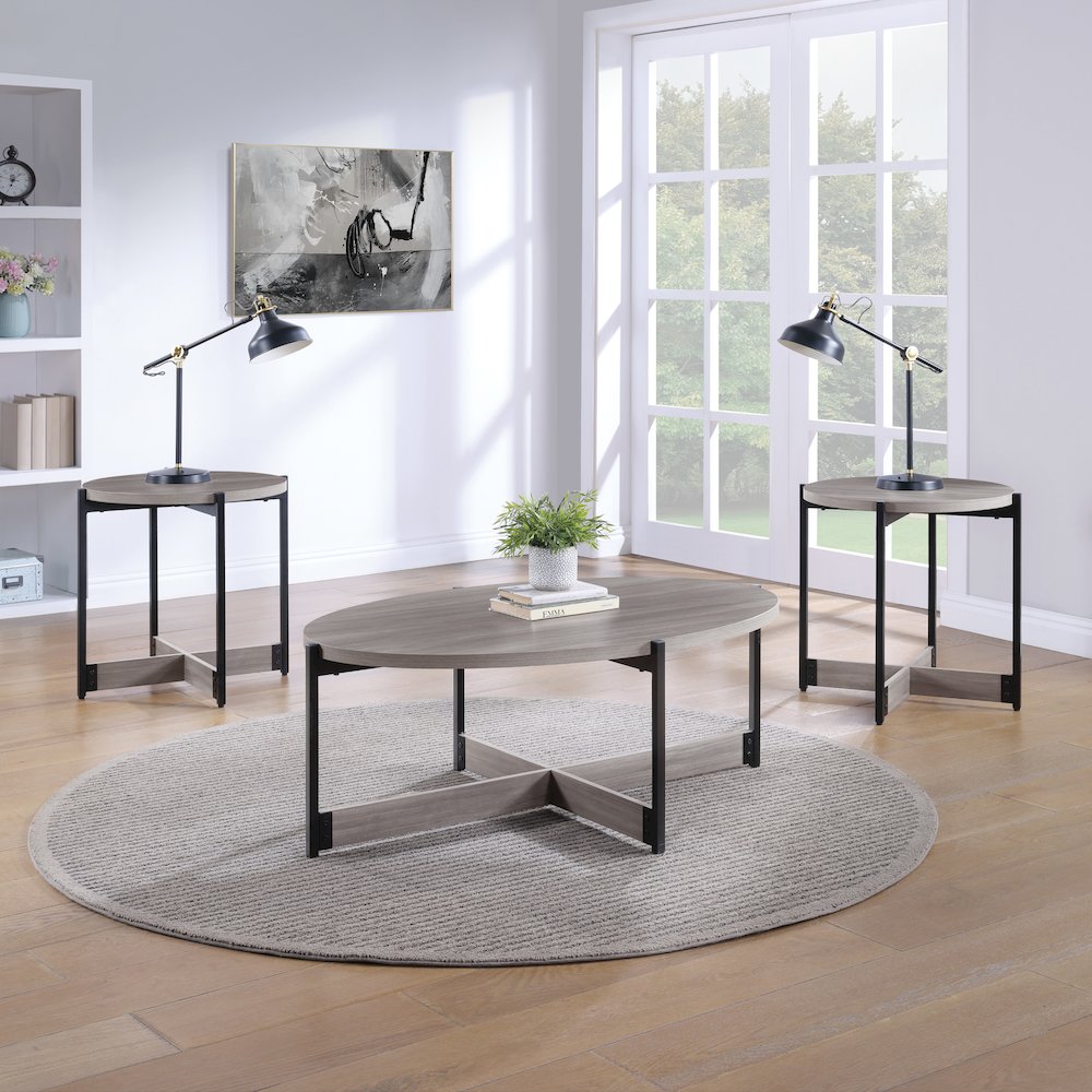 3 Piece Occasional Table Set in Grey Woodgrain Finish with Black Metal Legs