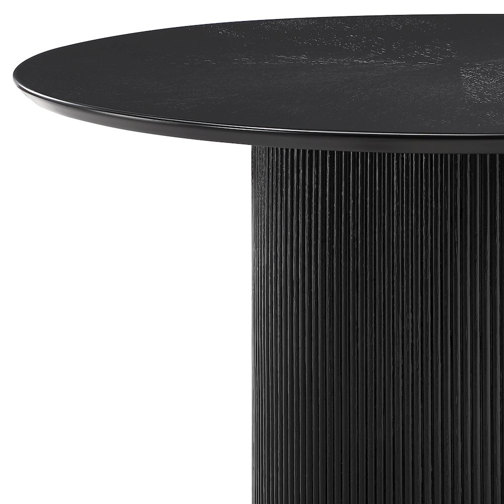 Jada 48″ Round Dining Pedestal Table in Oak and Black Finish Wood.