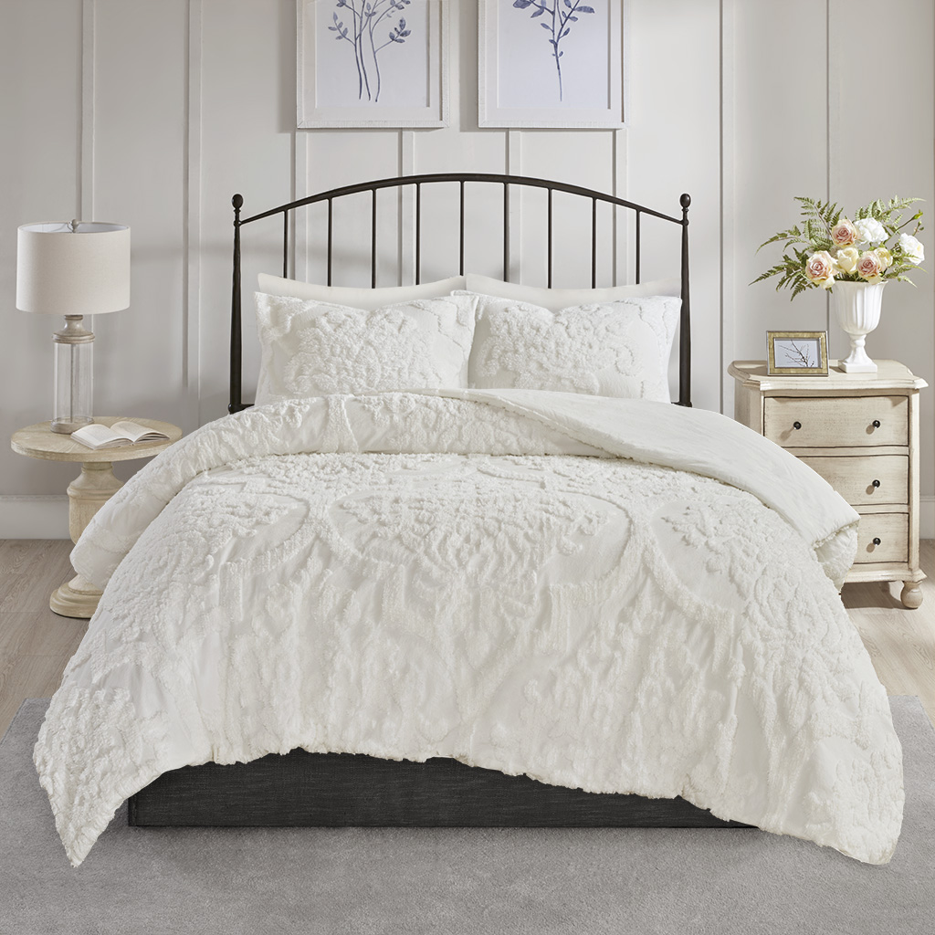 Viola 3 Piece Tufted Cotton Chenille Damask Comforter Set