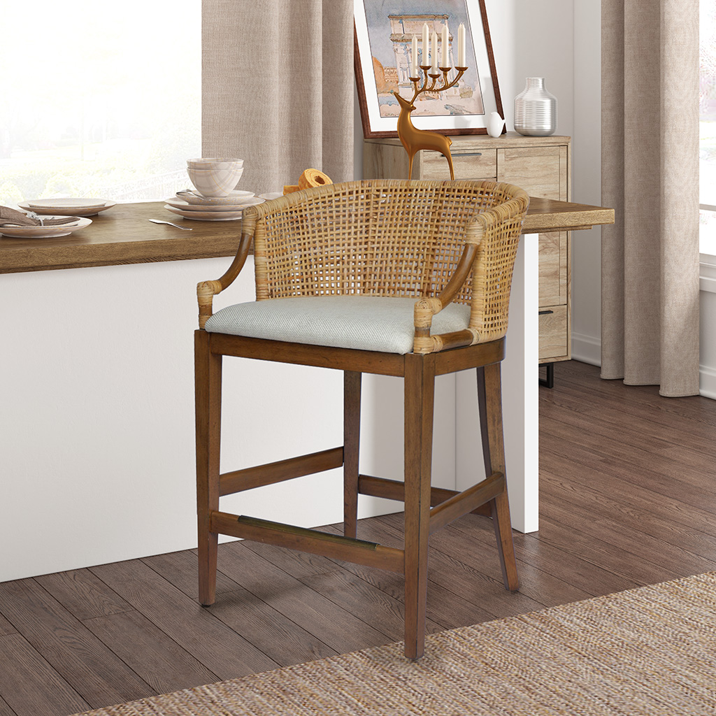 Playa Handcrafted Rattan & Wood Counter Stool 25″ H