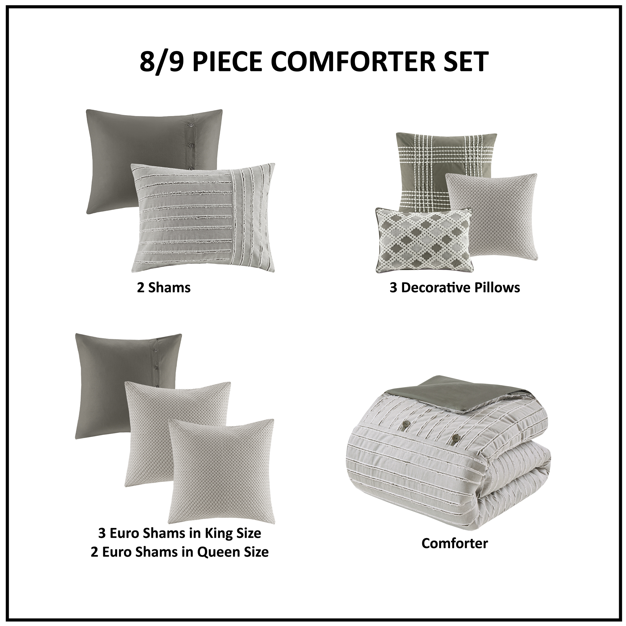 Essence Oversized Cotton Clipped Jacquard Comforter Set with Euro Shams and Throw Pillows
