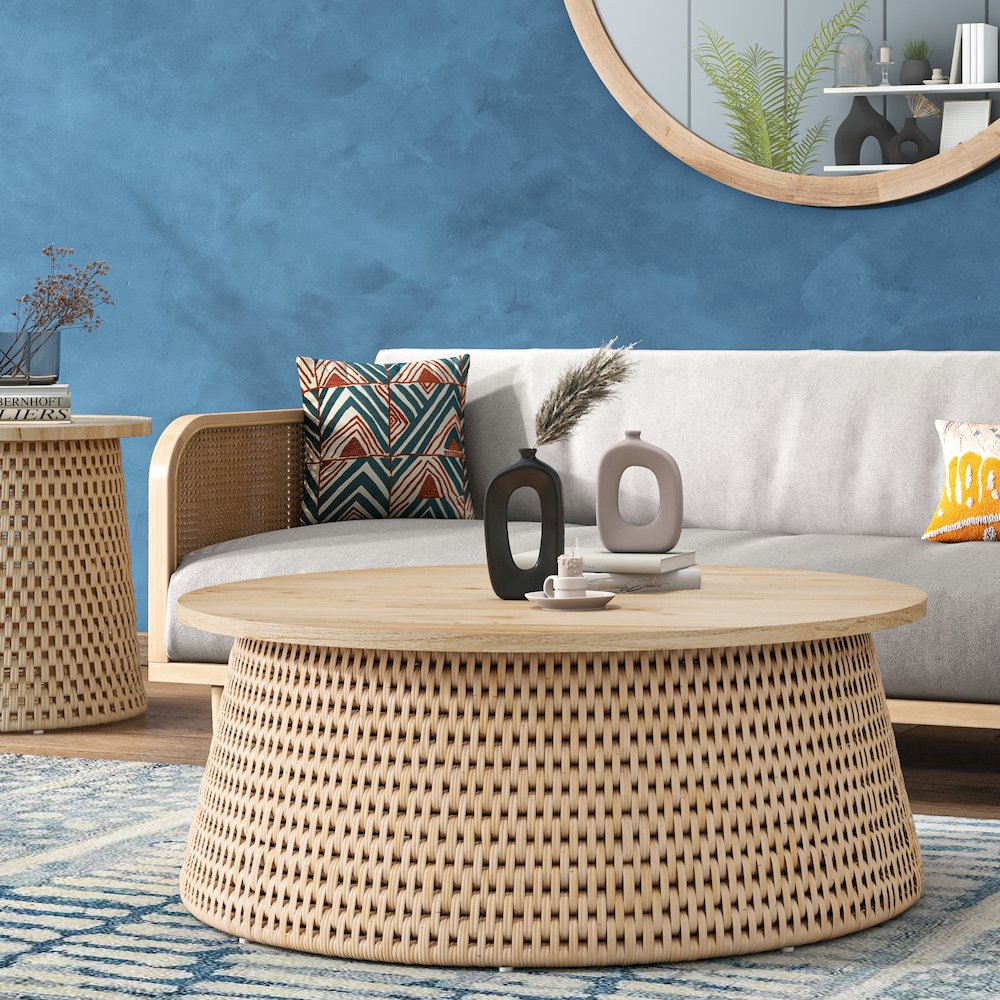 Kamari Rattan Coffee Table w/ Wood Top