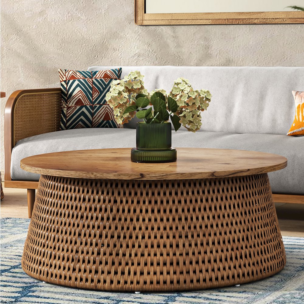 Kamari Rattan Coffee Table w/ Wood Top