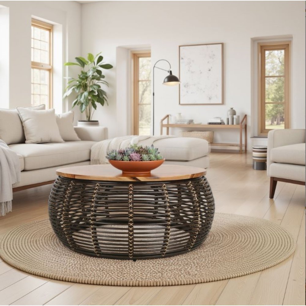 Iris Rattan Coffee Table with Wood Top