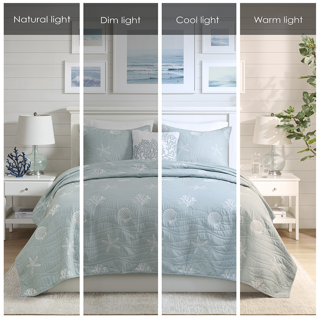 Seaside 4 Piece Cotton Reversible Embroidered Quilt Set with Throw Pillow