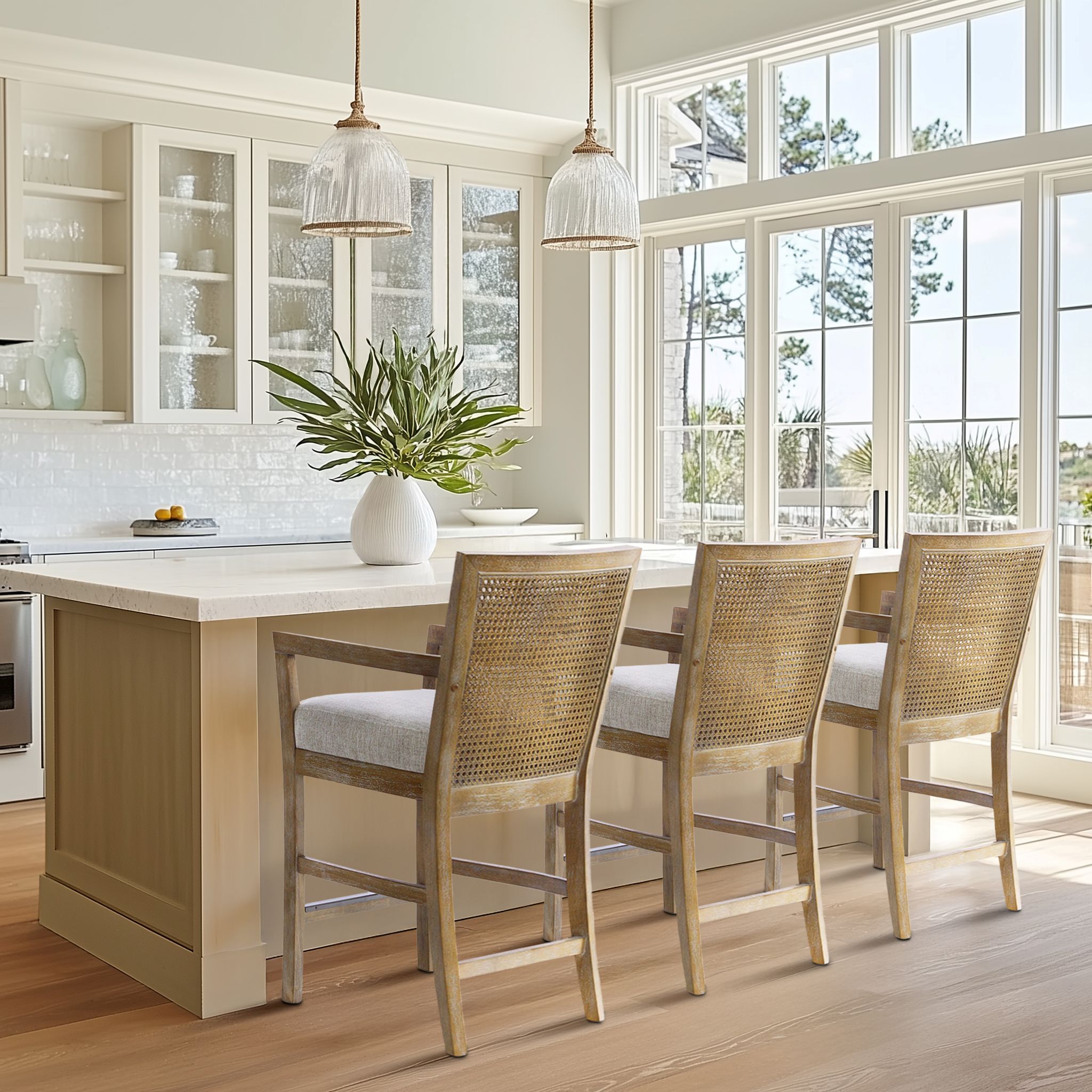 Diedra Reclaimed Wood Counter Stool with Natural Rattan Back and Upholstered Seat