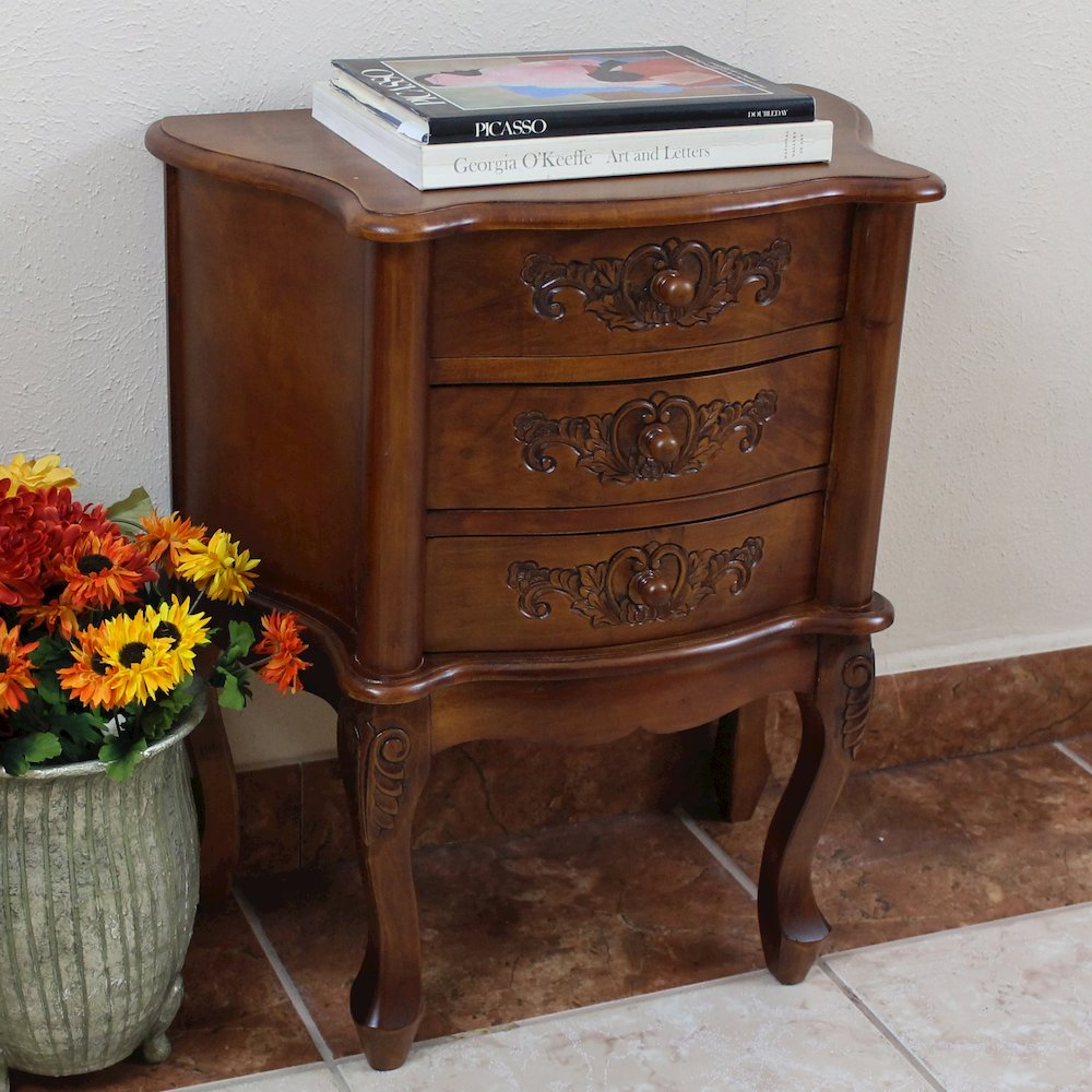 Carved Wood Three Drawer Scalloped Night Stand
