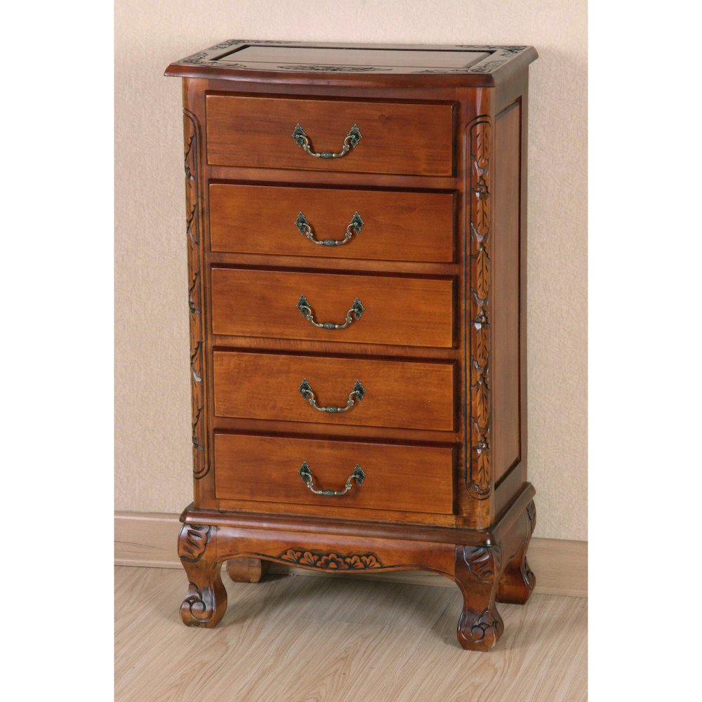 Carved Wood Five Drawer Jewelry Chest
