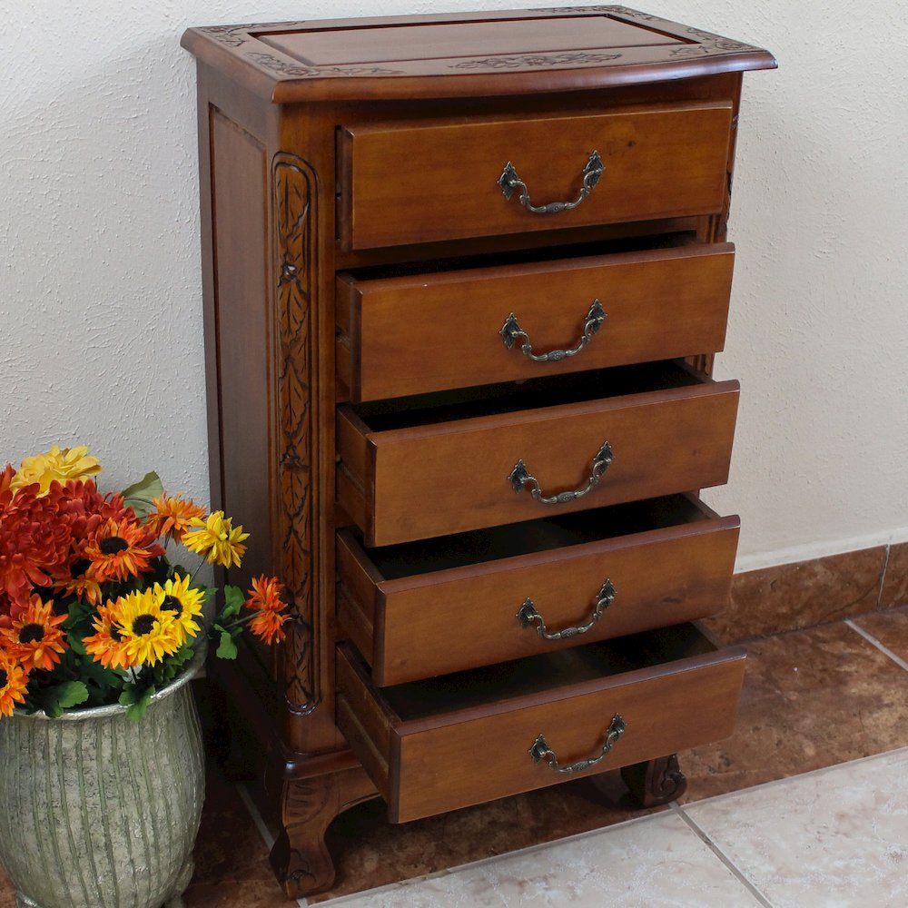 Carved Wood Five Drawer Jewelry Chest