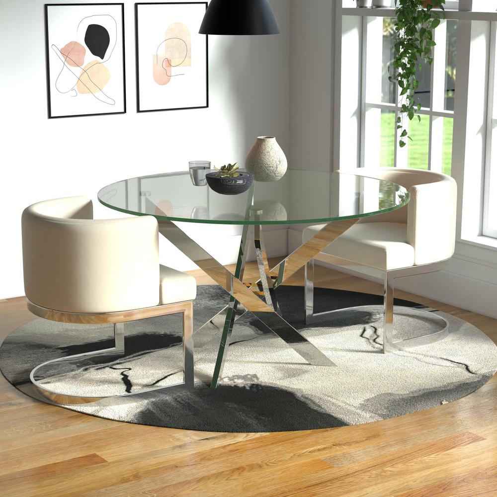 48″ Round Dining Table W/ Glass Top And Silver Legs