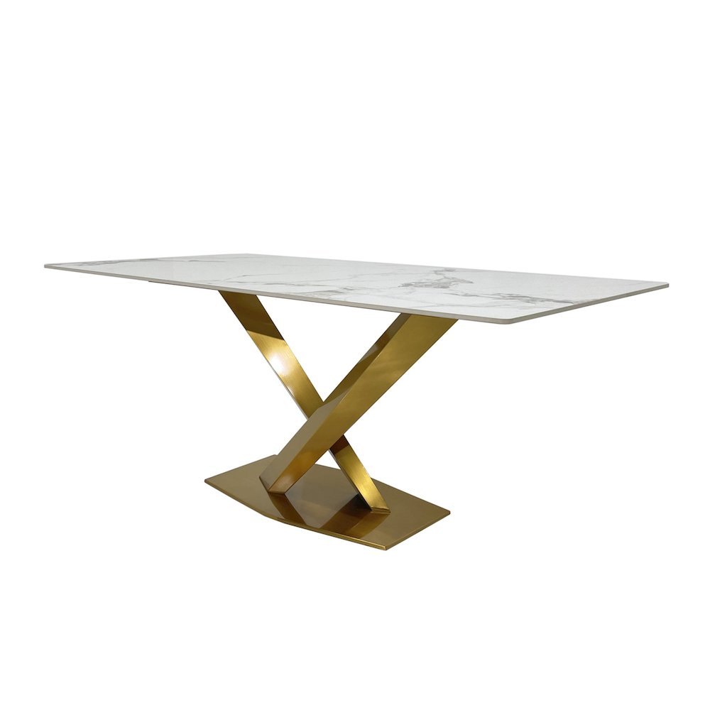 White Slate Marble Dining Table with Matte Gold Base