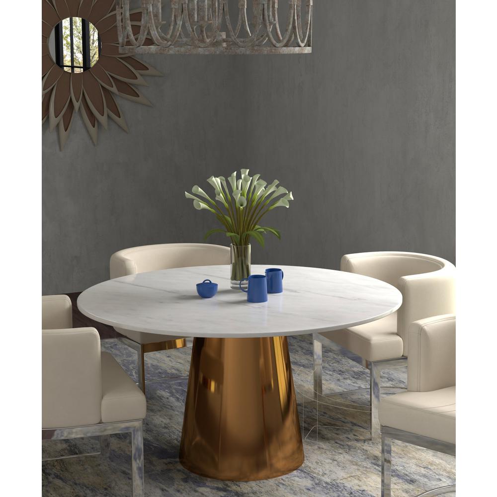 54” White And Gray Vein Marble Table With Brushed Gold Base