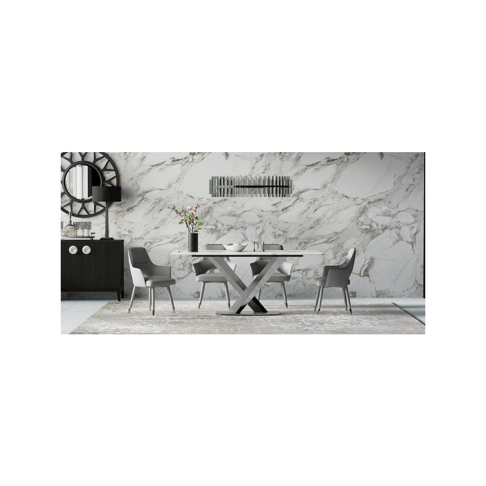 White Slate Marble Dining Table with Matte Silver Base