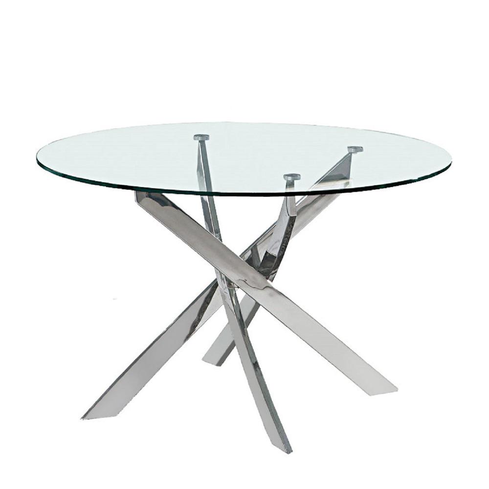 48″ Round Dining Table W/ Glass Top And Silver Legs