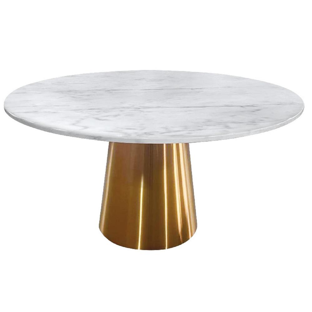 54” White And Gray Vein Marble Table With Brushed Gold Base