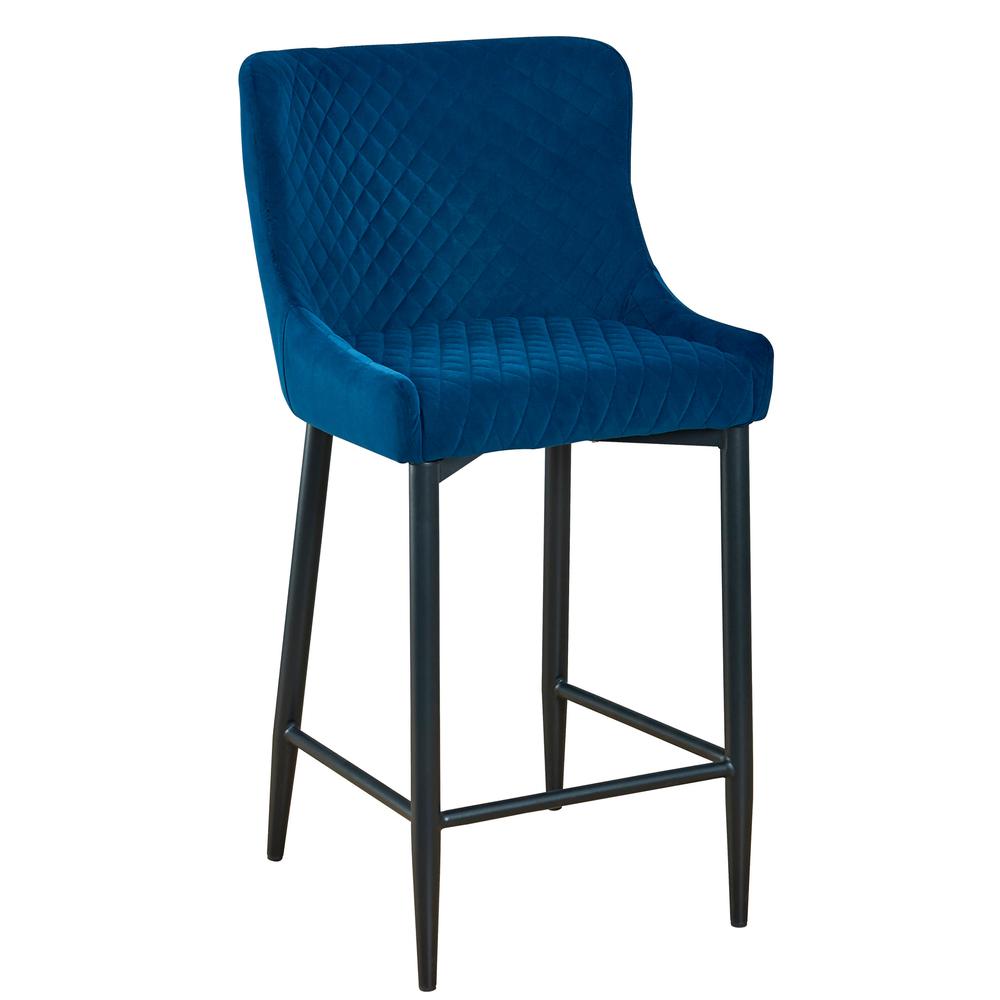 Upholstered Barstool With Tufted Blue Velvet Fabric