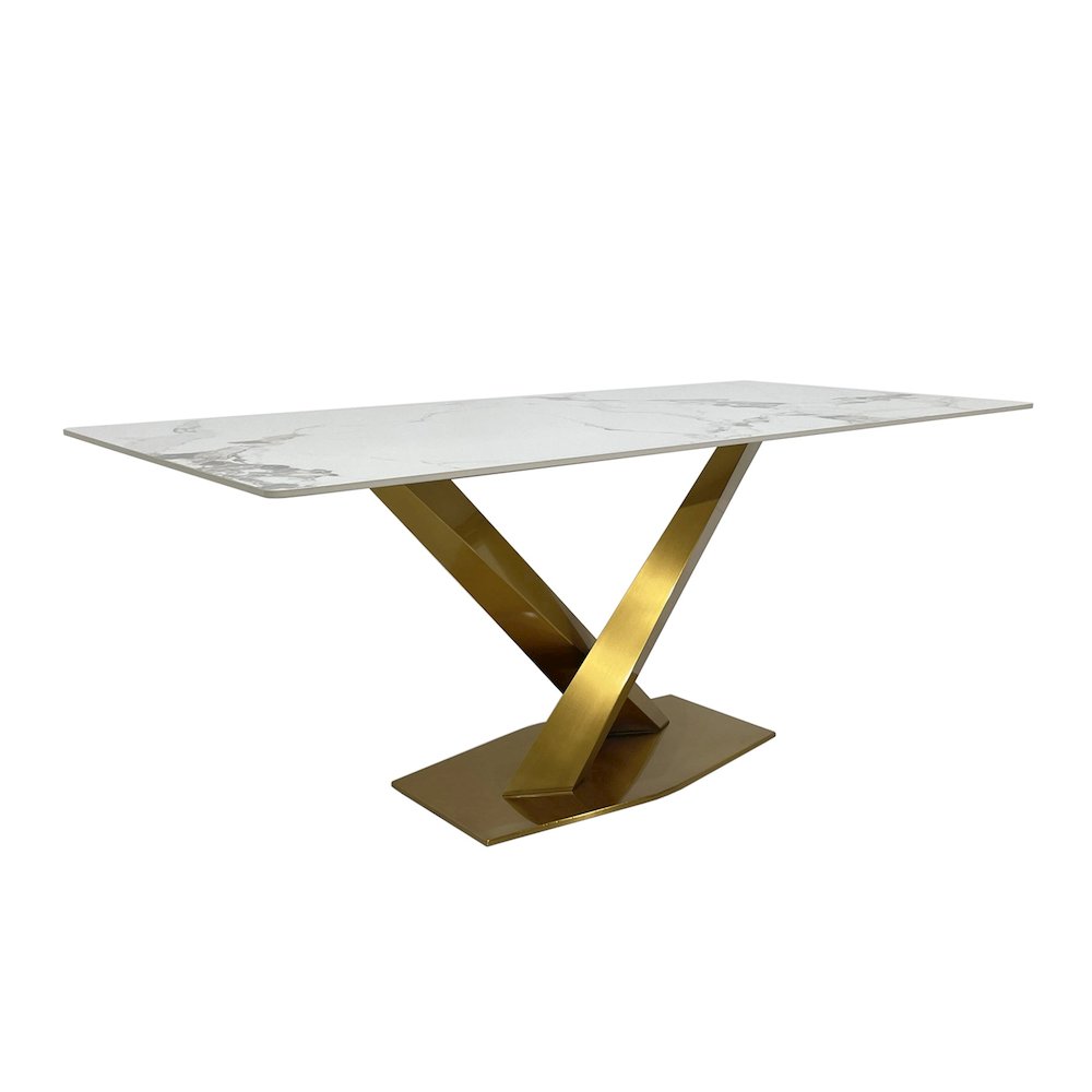 White Slate Marble Dining Table with Matte Gold Base