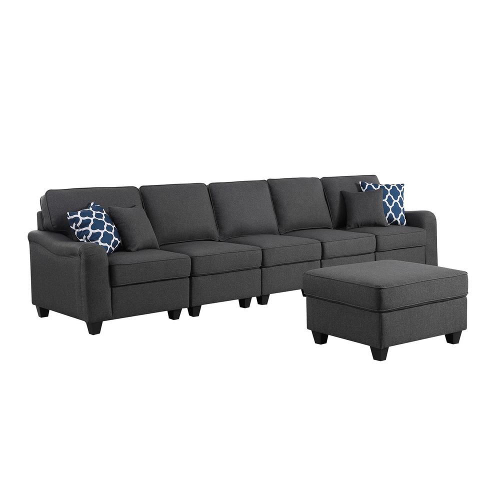 Leo Dark Gray Linen 6 Seater Sofa and Ottoman