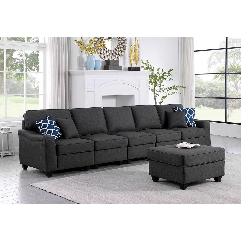 Leo Dark Gray Linen 6 Seater Sofa and Ottoman