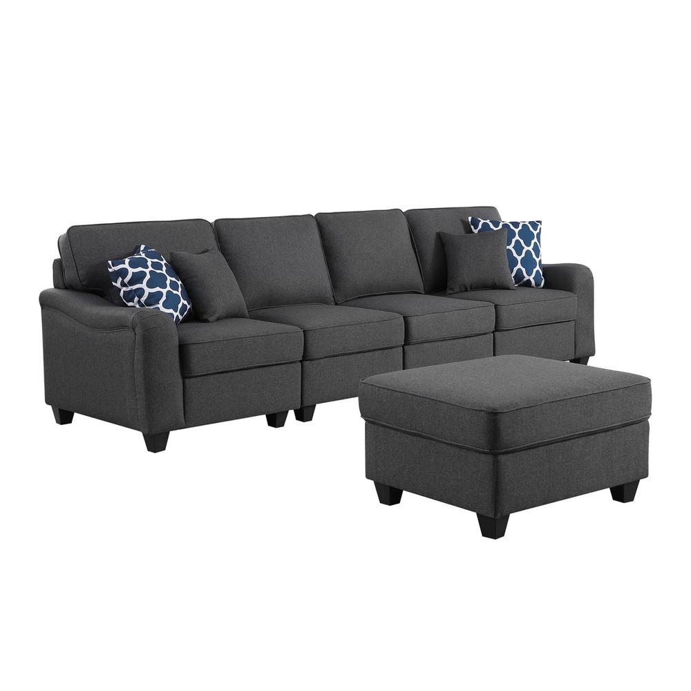 Leo Dark Gray Linen 5 Seater Sofa and Ottoman