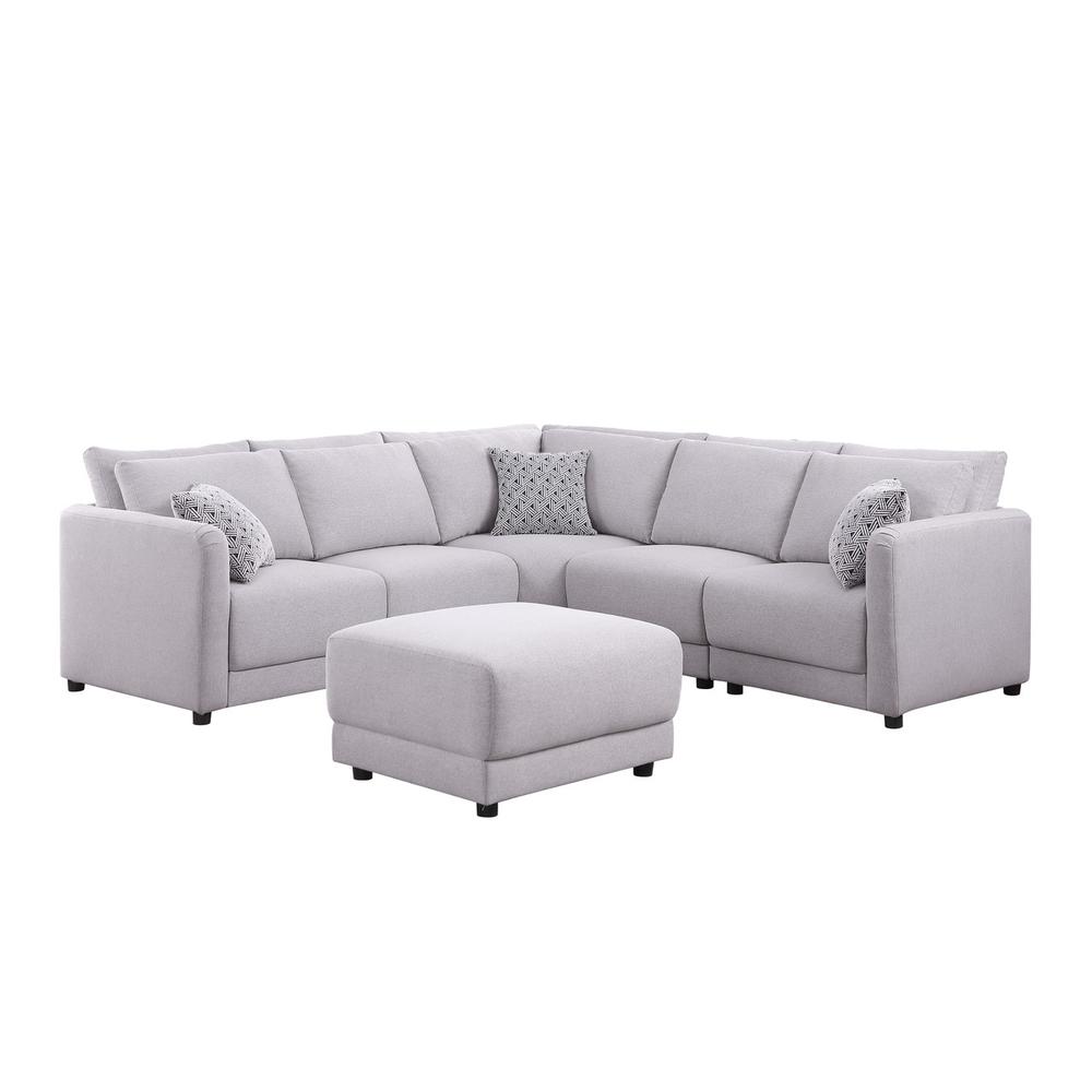 Penelope Light Gray Linen Fabric Reversible L-Shape Sectional Sofa with Ottoman and Pillows