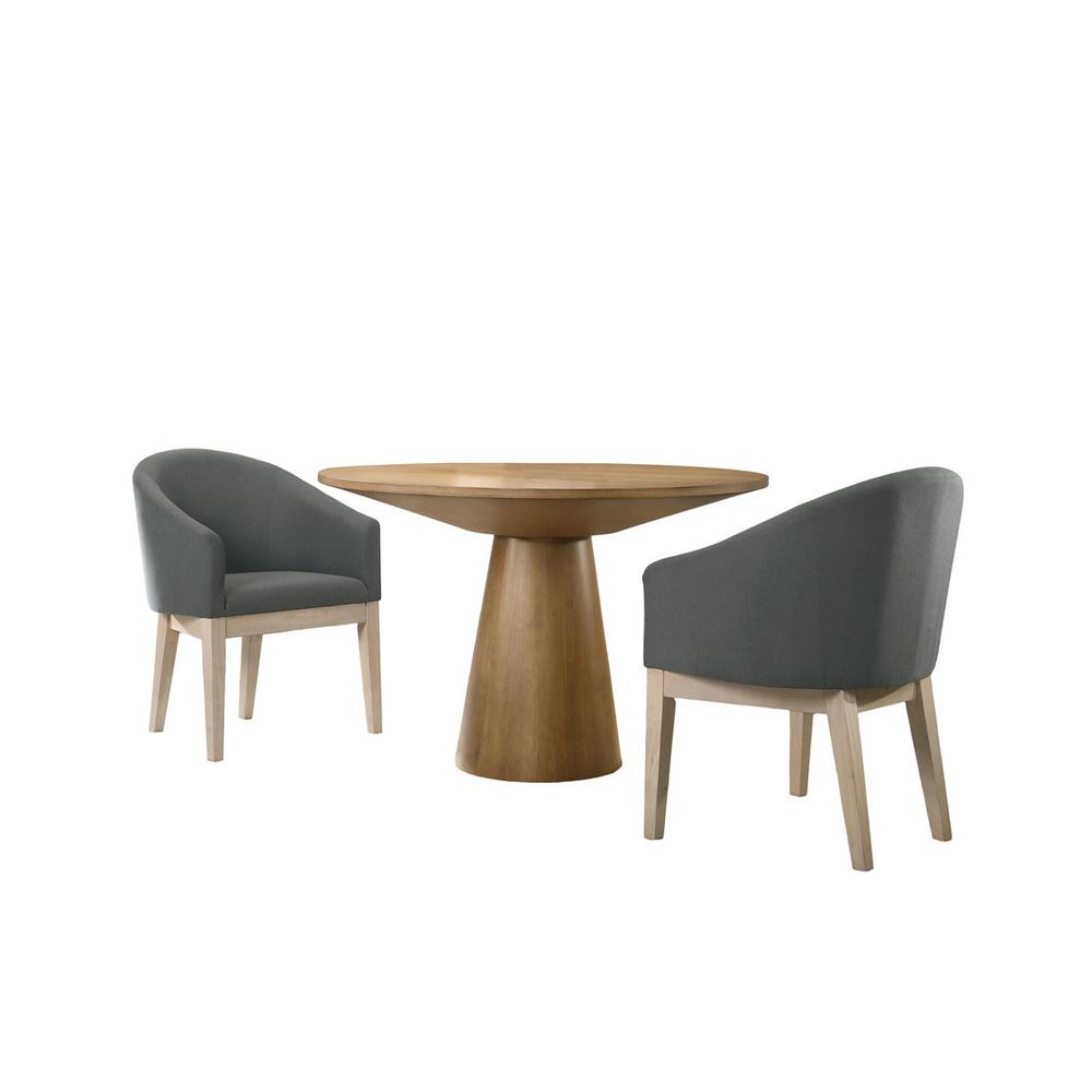 Driftwood Finish 3 Piece 47″ Round Dining Table Set with Gray Barrel Chairs