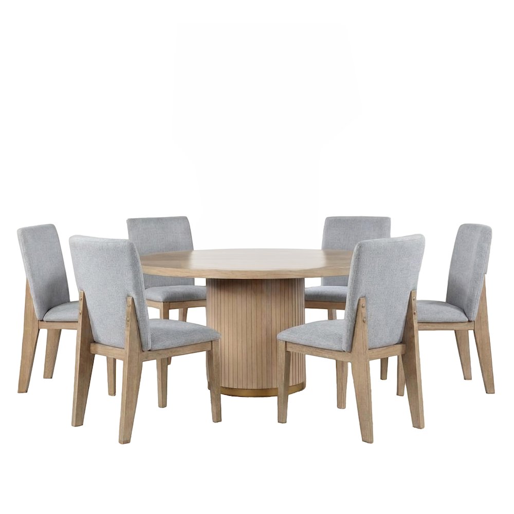 7-Piece Dining Set with 59″ Round Table & 6 Gray Dining Chairs