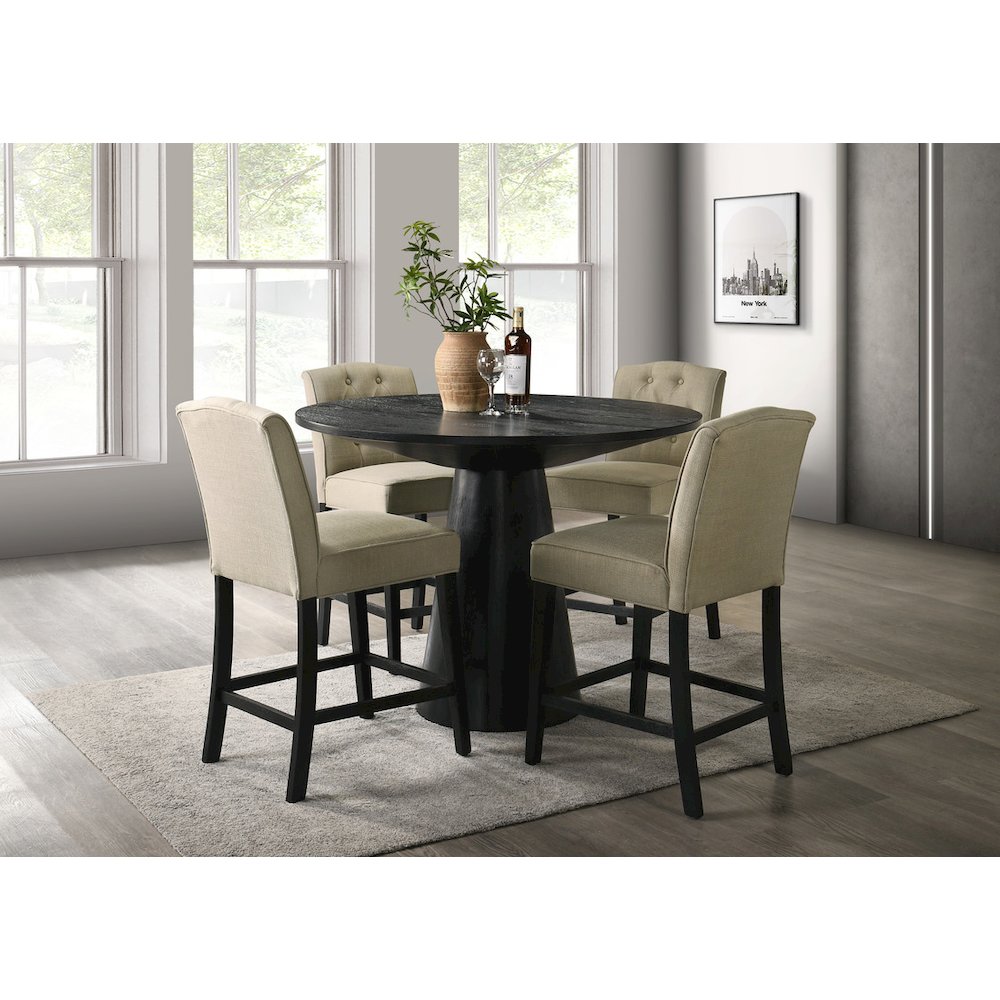5Pc 47″ Round Ebony Black Pedestal Counter Height Set with Upholstered Chairs