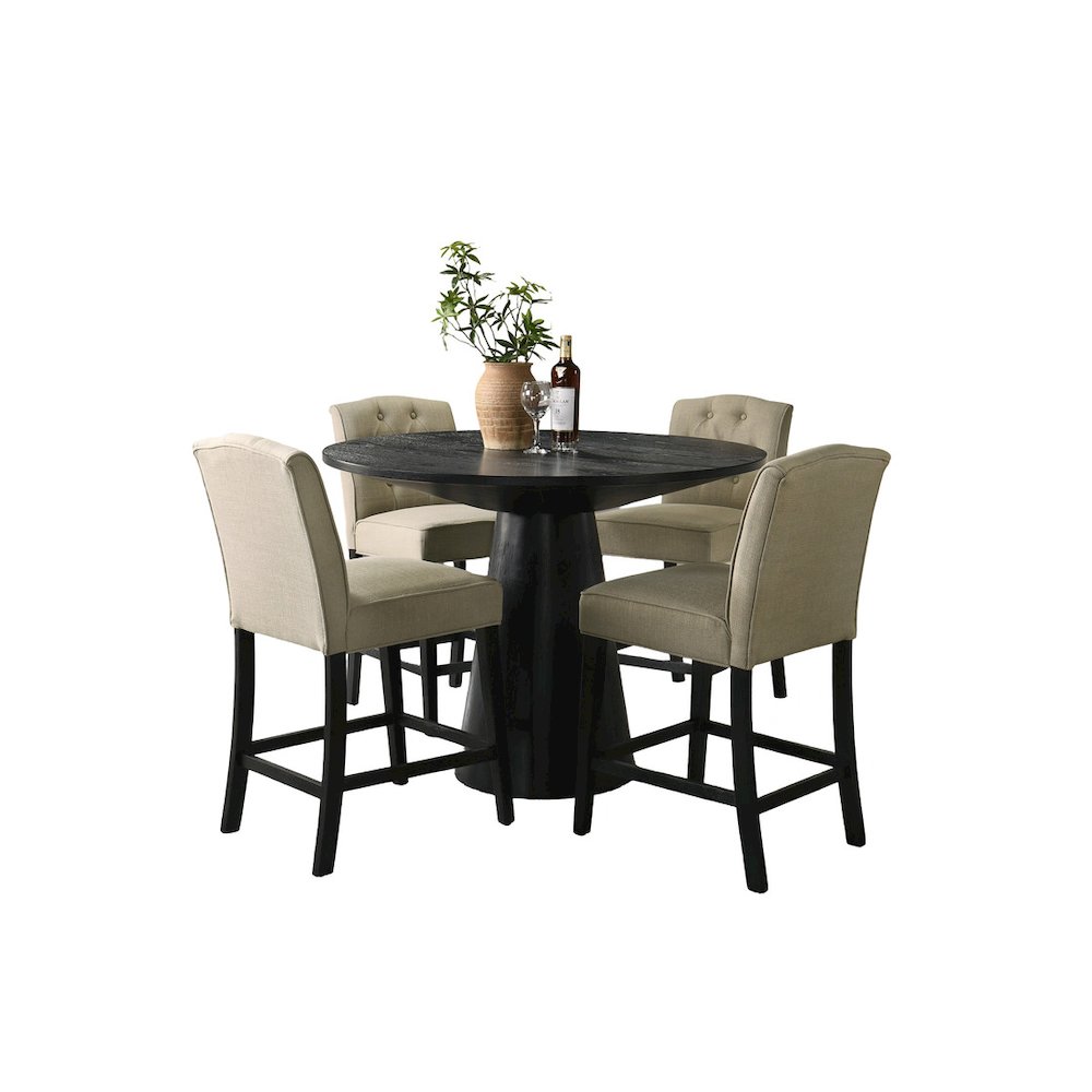 5Pc 47″ Round Ebony Black Pedestal Counter Height Set with Upholstered Chairs