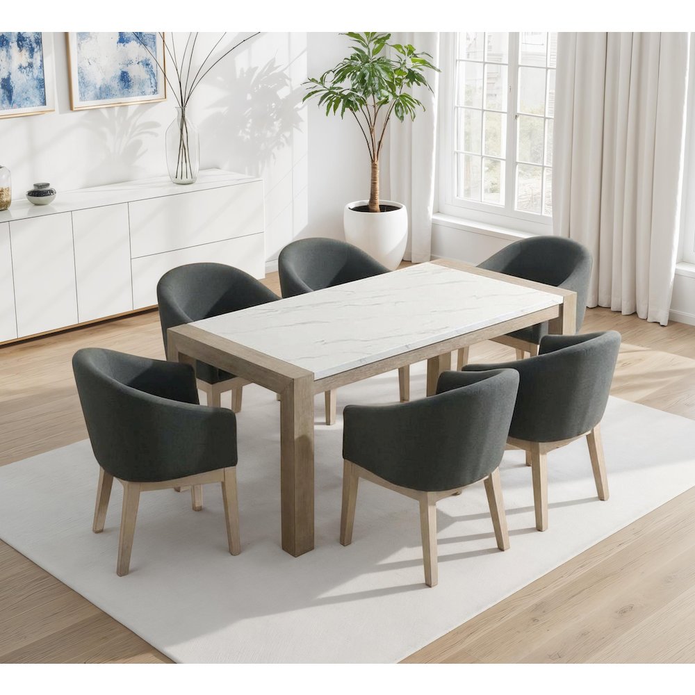 7-Piece Dining Set with 66″ Rectangular White Table & 6 Gray Chairs