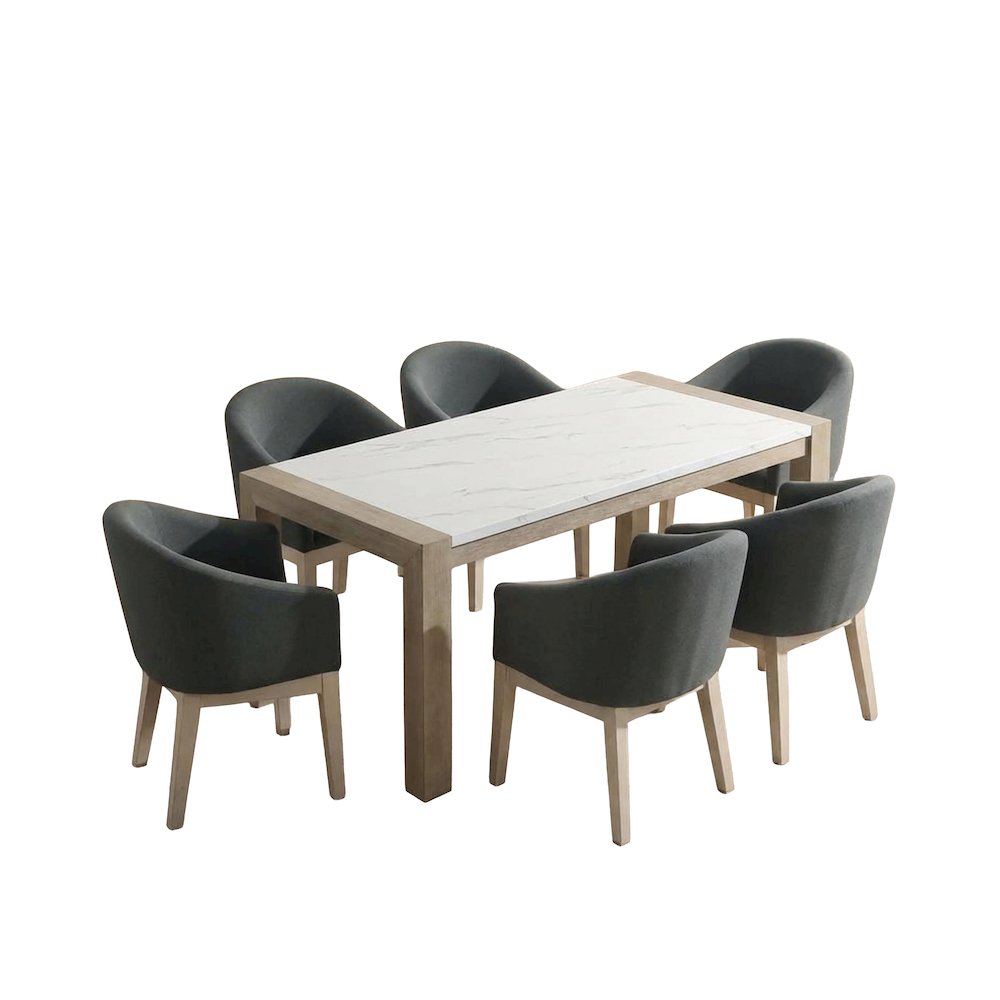7-Piece Dining Set with 66″ Rectangular White Table & 6 Gray Chairs