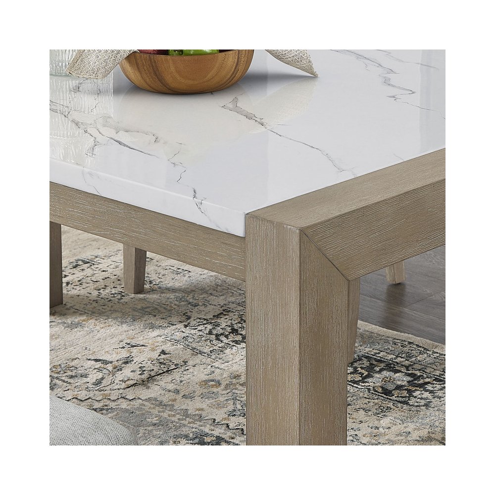 Tabitha 66″W Rectangular White Faux Marble Top Dining Table in Light Oak Finish