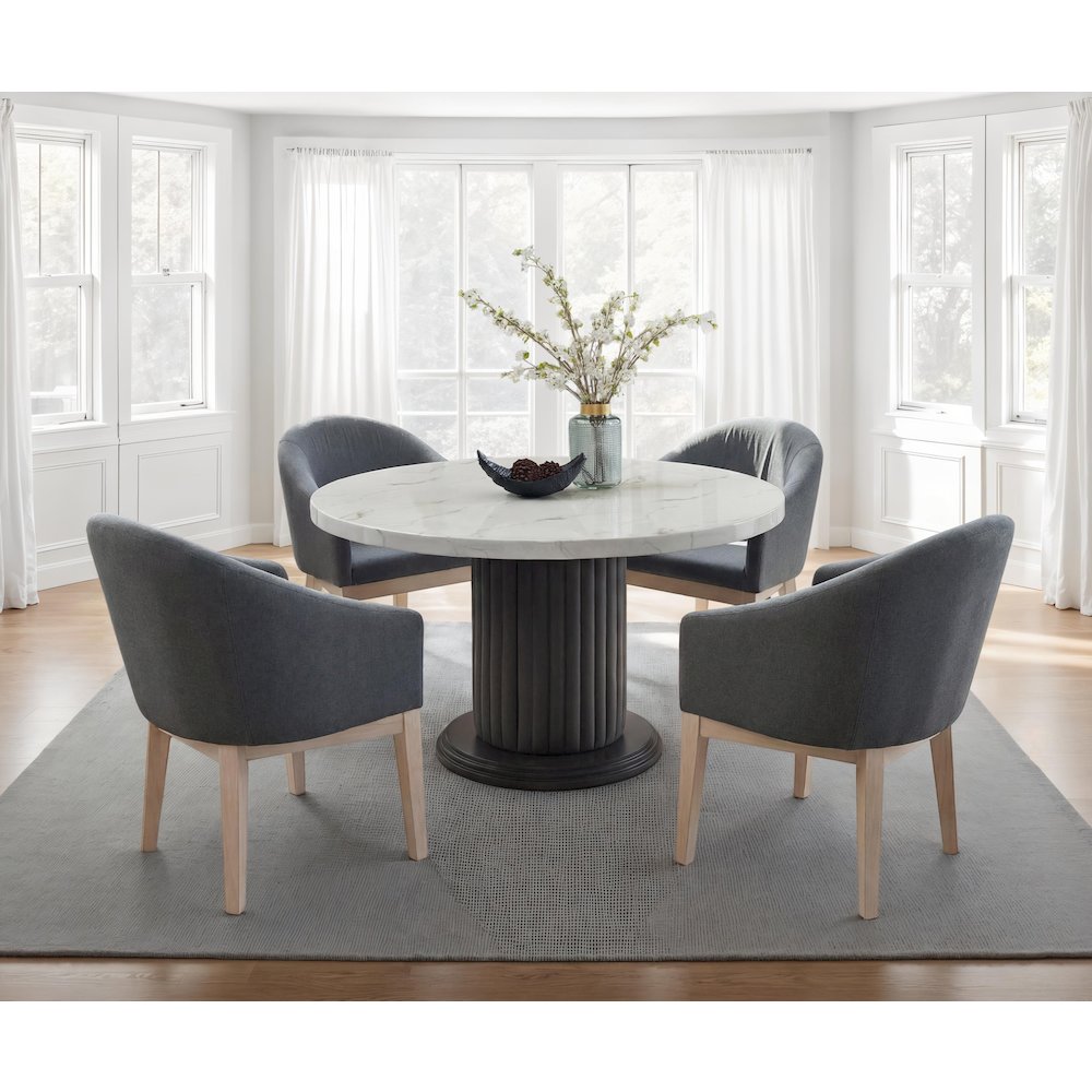 5-Piece Round Dining Table Set with 54″ White Top & 4 Gray Barrel Chairs