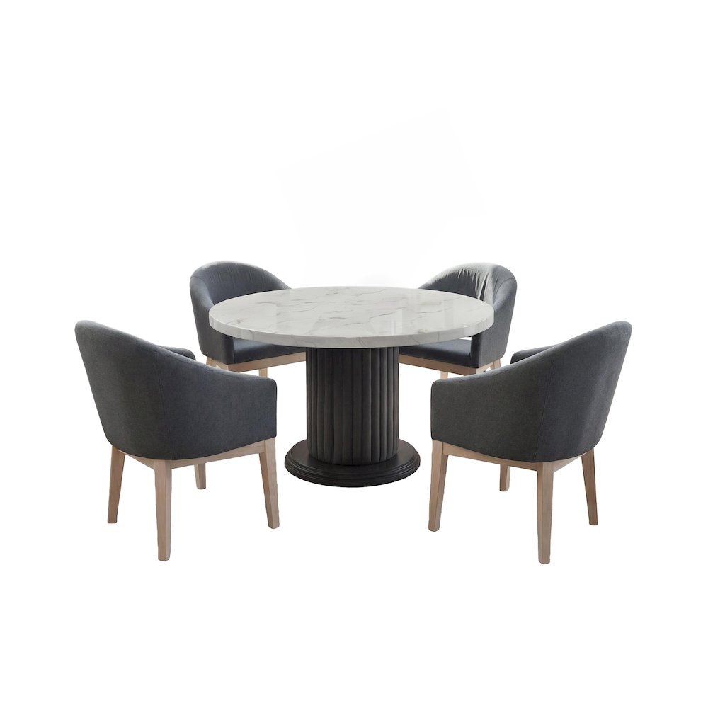 5-Piece Round Dining Table Set with 54″ White Top & 4 Gray Barrel Chairs