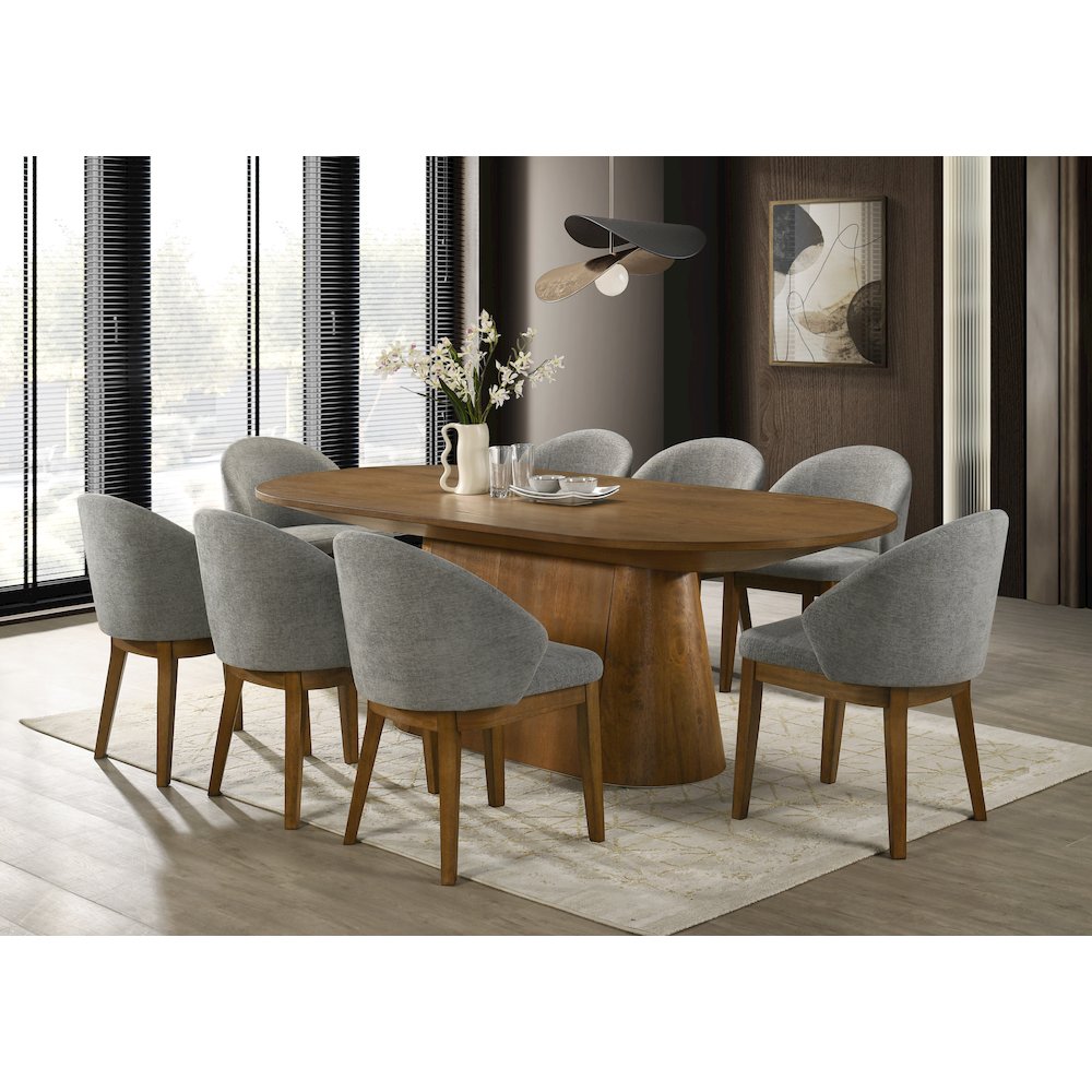 88-in Walnut Pedestal Table with 8 Light Gray Chairs