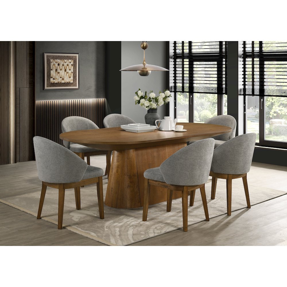 88-in Walnut Pedestal Table with 6 Light Gray Chairs