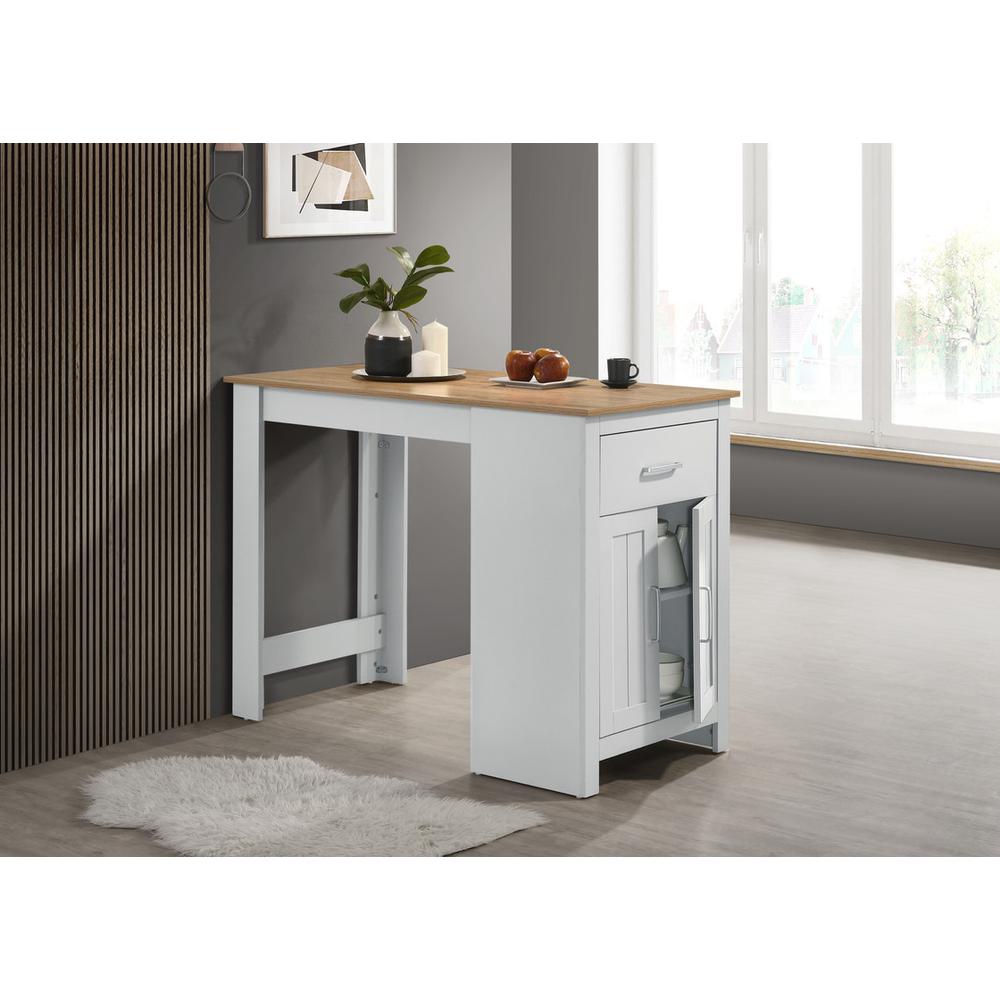 Oak and White Counter Height Dining Table with Cabinet and Drawer Storage