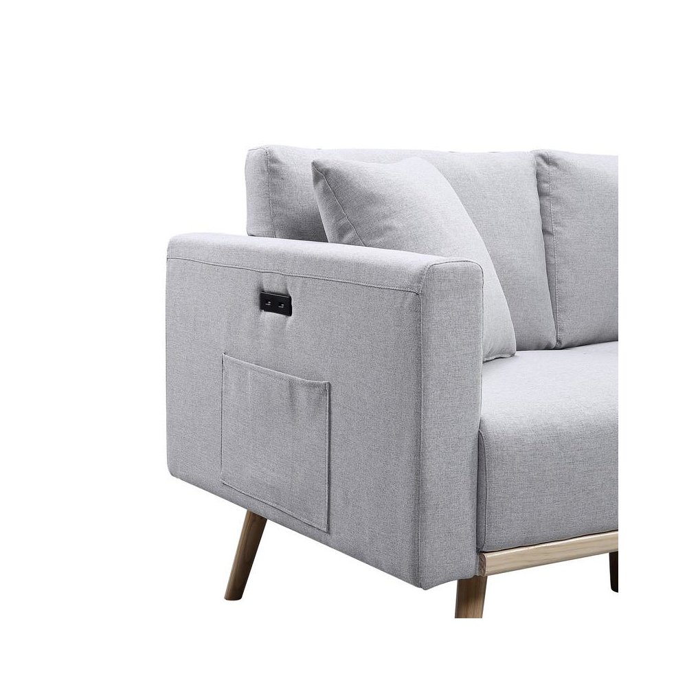 Easton Light Gray Linen Fabric Sofa with USB Charging Ports Pockets & Pillows