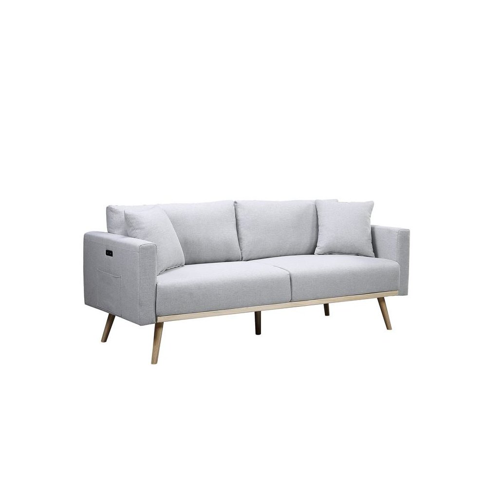 Easton Light Gray Linen Fabric Sofa with USB Charging Ports Pockets & Pillows