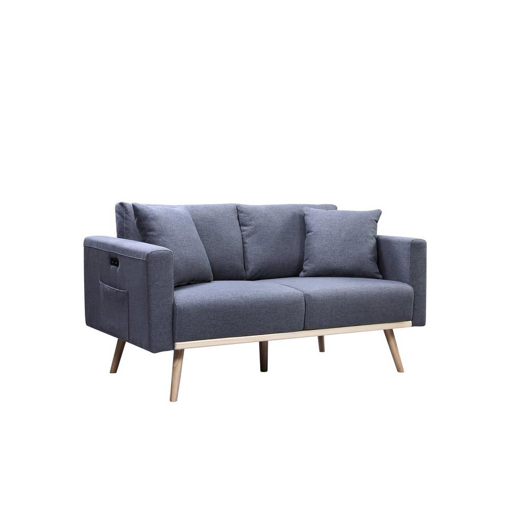 Easton Dark Gray Linen Fabric Loveseat with USB Charging Ports Pockets & Pillows