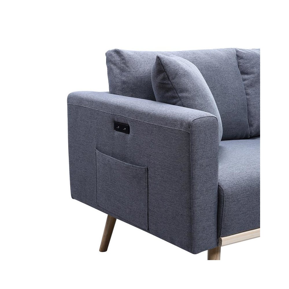Easton Dark Gray Linen Fabric Loveseat with USB Charging Ports Pockets & Pillows