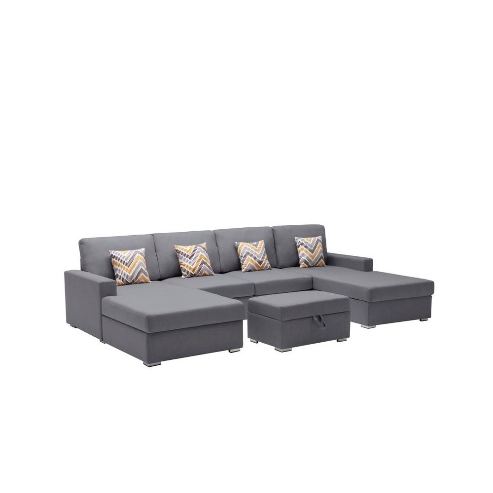 Nolan Gray Linen Fabric 5Pc Double Chaise Sectional Sofa with Interchangeable Legs