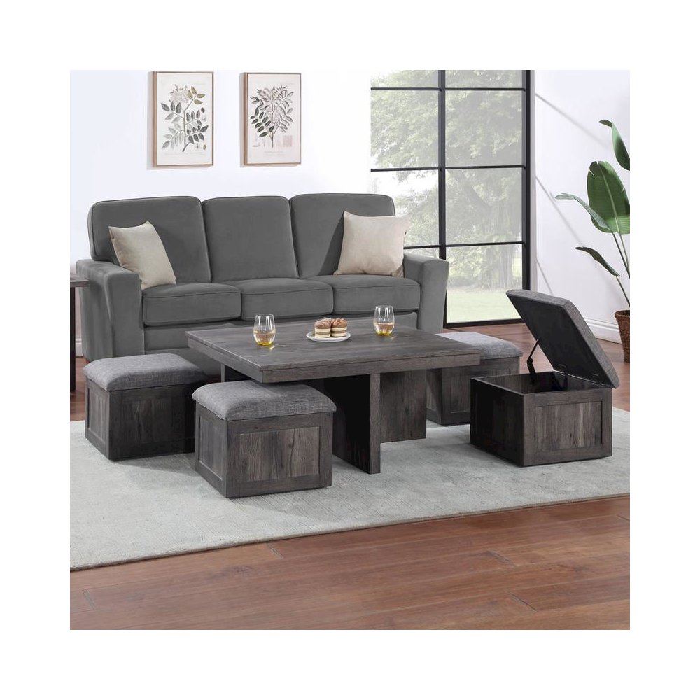 Moseberg Rustic Wood Coffee Table with Storage Stools