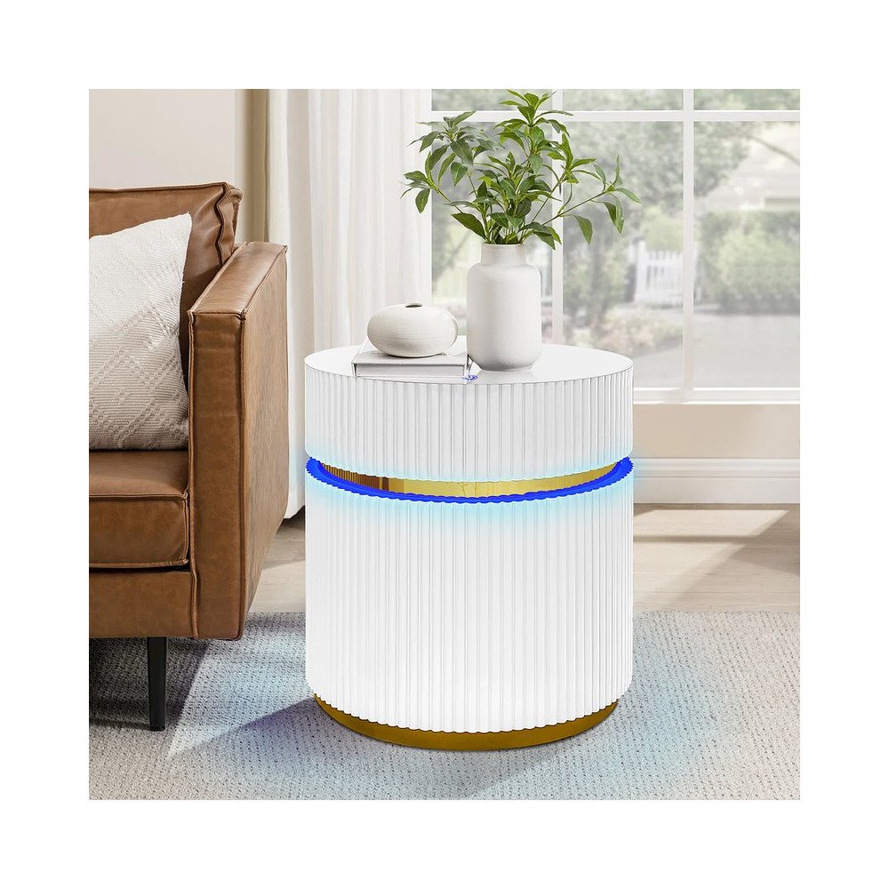 19.5″ Round White Side Table with Glass Top and LED Lights